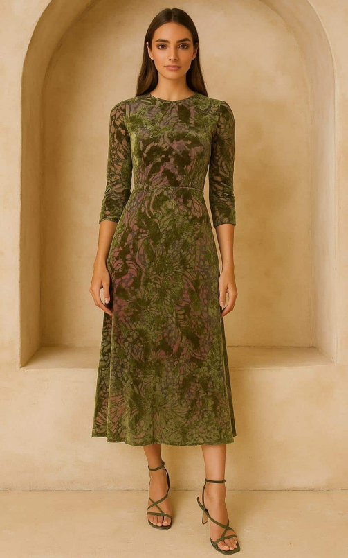 Model showcasing a textured floral micro velvet fabric styled into an unstitched midi dress