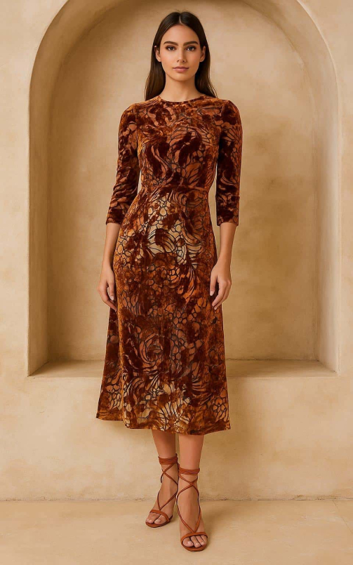 Model showcasing a burnout floral micro velvet fabric styled into an unstitched midi dress