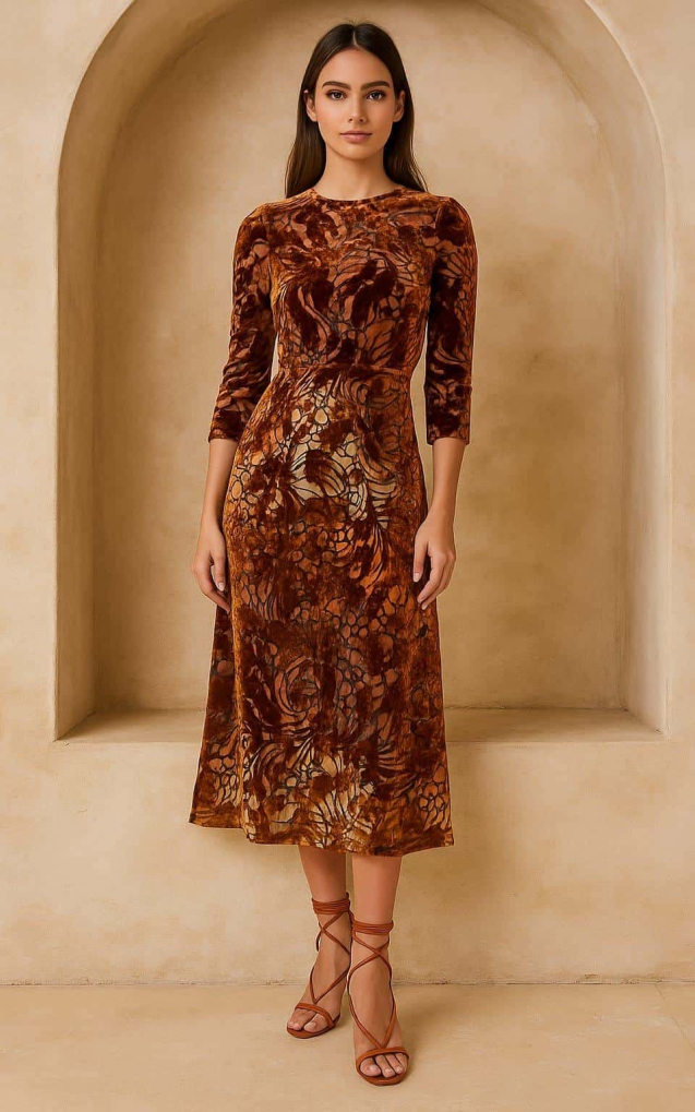 Model showcasing a burnout floral micro velvet fabric styled into an unstitched midi dress