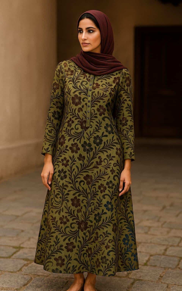 Model with hijab showcasing an unstitched printed micro velvet fabric styled into a modest full-length dress