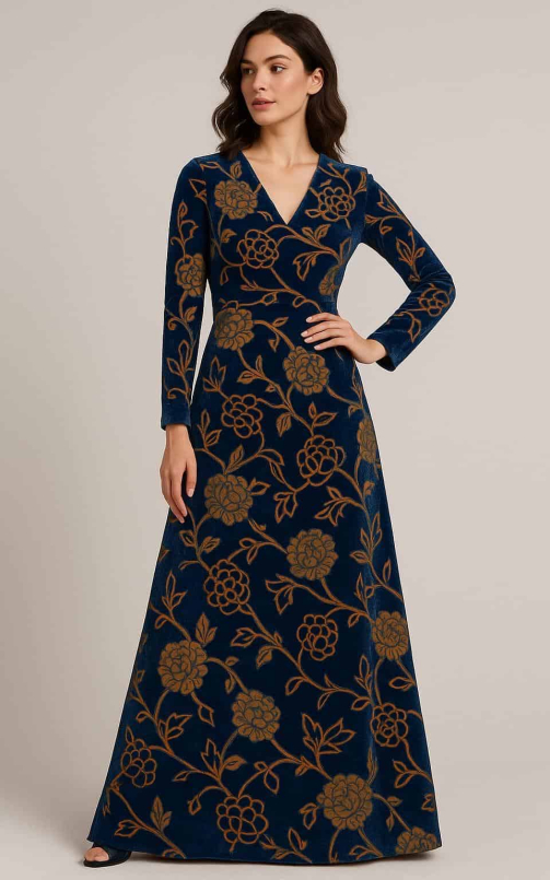 Model showcasing a floral vine printed micro velvet fabric styled into a floor-length unstitched maxi dress