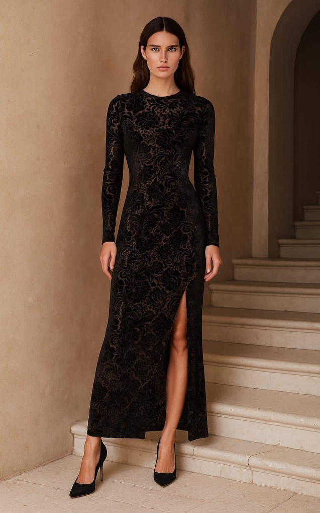 Model showcasing a baroque floral embossed micro velvet fabric styled into a full-length unstitched dress with a side slit