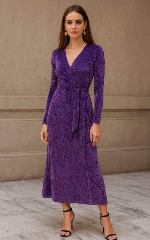 Model showcasing a baroque floral embossed micro velvet fabric styled into a full-length unstitched dress with a side slit