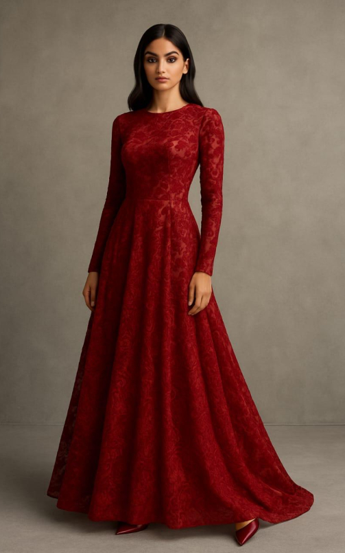 Model showcasing a baroque floral embossed micro velvet fabric styled into a full-length unstitched dress with a side slit