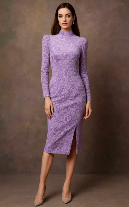 Model showcasing a baroque floral embossed micro velvet fabric styled into a full-length unstitched dress with a side slit