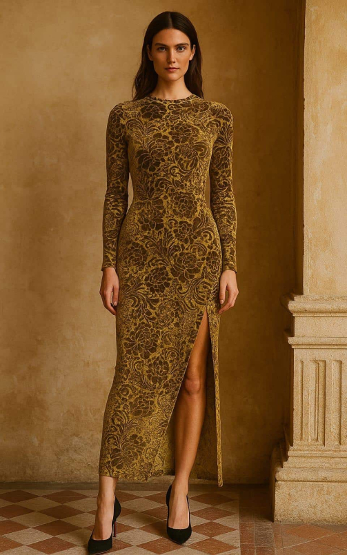 Model showcasing a damask floral printed micro velvet fabric styled into a full-length unstitched dress with a side slit