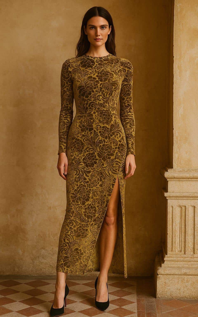 Model showcasing a damask floral printed micro velvet fabric styled into a full-length unstitched dress with a side slit