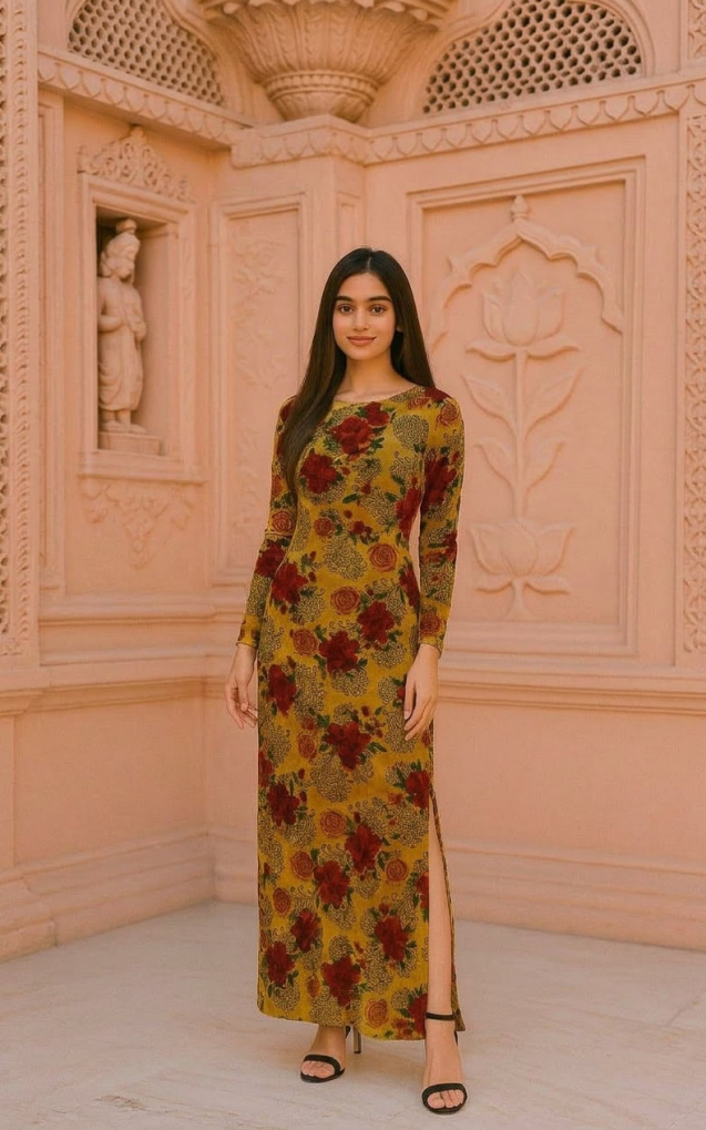 Model showcasing a floral printed micro velvet fabric styled into a full-length unstitched dress with a side slit