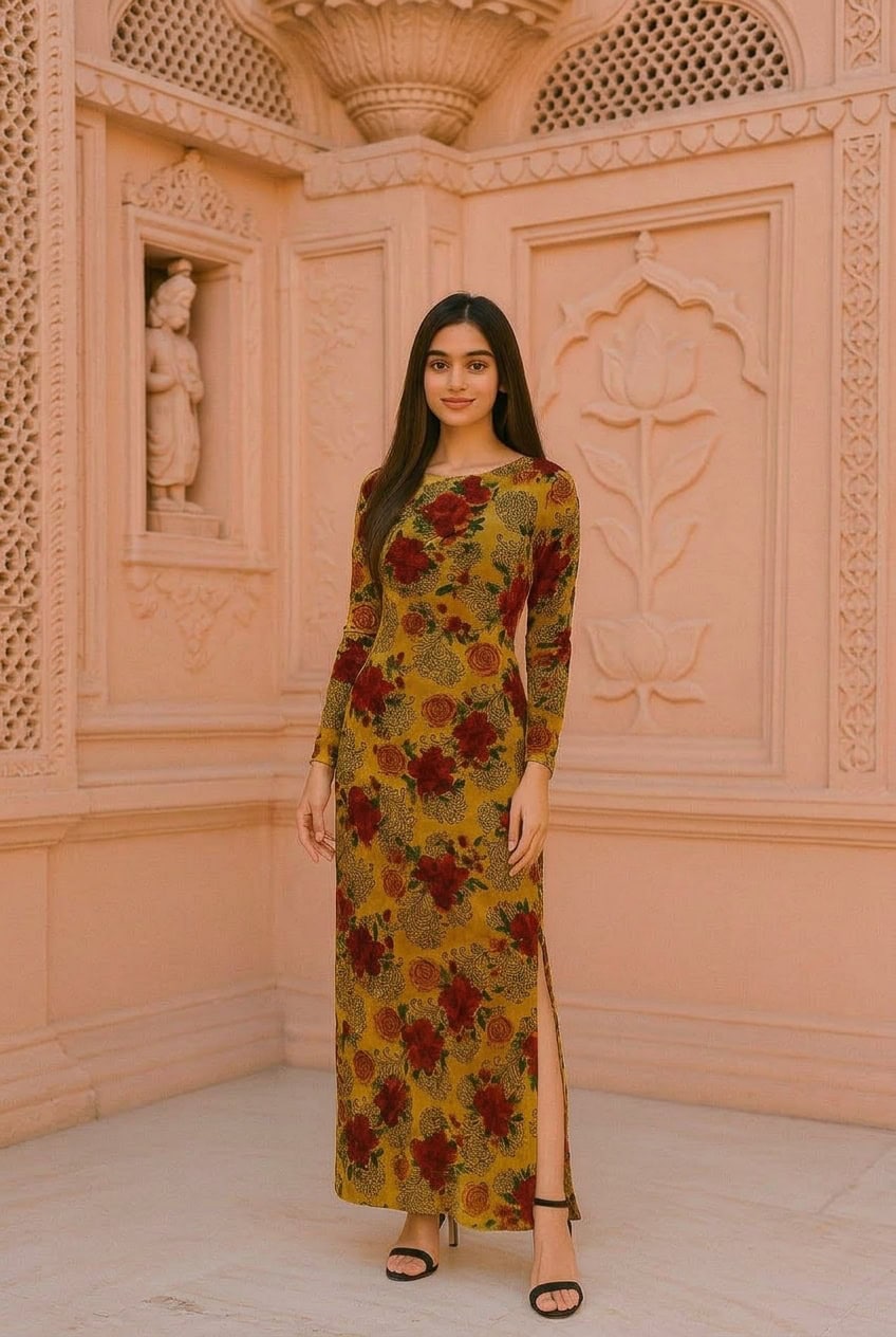 Model showcasing a floral printed micro velvet fabric styled into a full-length unstitched dress with a side slit