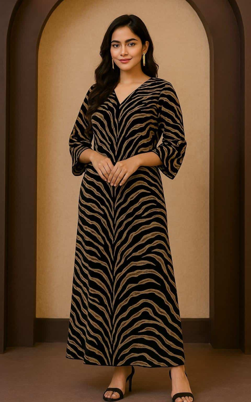 Model showcasing an unstitched micro velvet printed fabric styled as a long dress